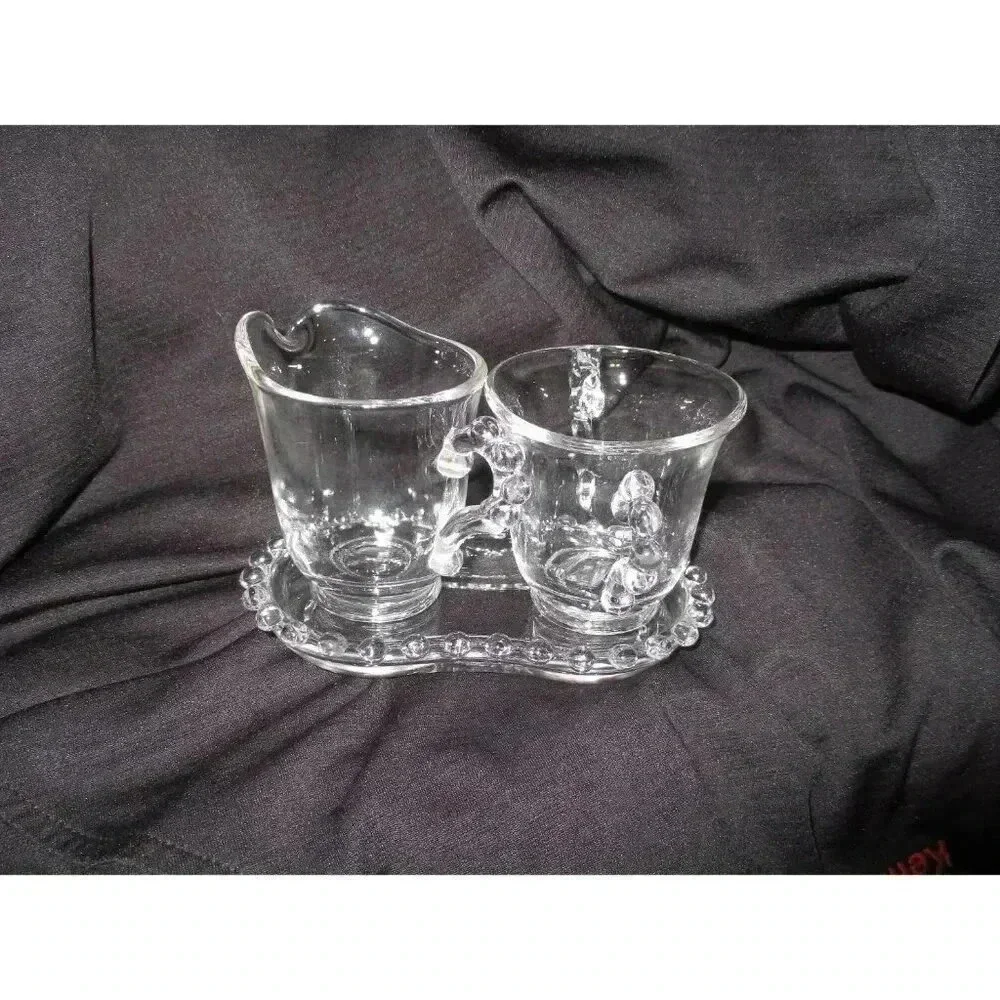 Sugar/Cream with Tray‎ Vntg Imperial Glass Candlewick  kitchenware knobby clear